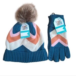 Muk Luks Hat And Glove Set Color Block Chevron Faux Pom Adult